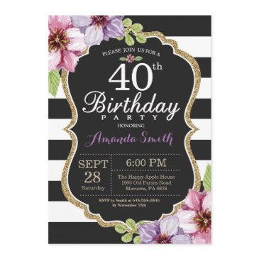 40th birthday invitation women. floral gold black