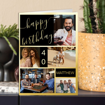 40th birthday or any age 5 photo black and gold foil greeting invitations