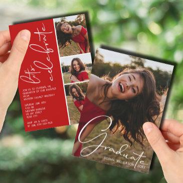 4 photo collage graduation scarlet red invitation