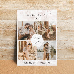 Small 4 Photo Couple Collage & Pink Blush Floral Wedding Save The Date Front View