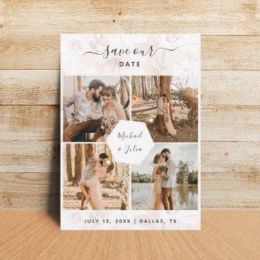 4 photo couple collage & pink blush floral wedding save the date