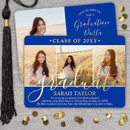 Small 4 Photo Graduation Party Royal Blue, White & Real Foil Invitation Front View