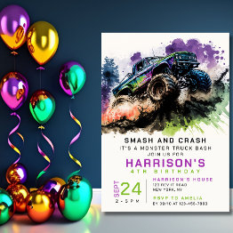 Small 4th Birthday Monster Truck Smash Crash Kids Invitation Front View