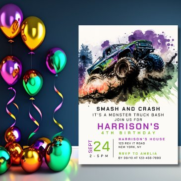 4th birthday monster truck smash crash kids invitation