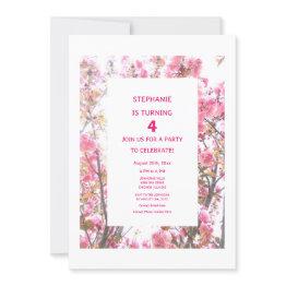 Small 4th Birthday Pink Cherry Floral Fourth Custom Age Invitation Front View