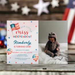Small 4th July Little Miss Independent Birthday Photo Invitation Front View