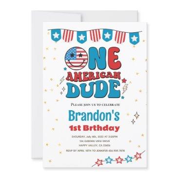4th of july one american dude boy 1st birthday invitation