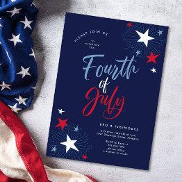 Small 4th Of July Red White Blue Fireworks Party Invitation Front View
