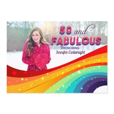 50 and fabulous rainbow sparkle photo birthday invitation