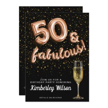 50 & fabulous glitter black rose gold balloon type invitation