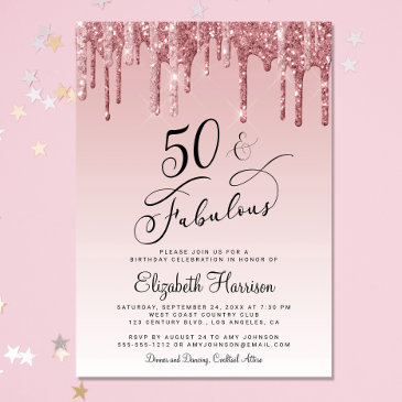 50 fabulous glitter rose gold pink birthday party invitation