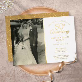 Small 50th Anniversary Heart Confetti Wedding Photo Gold Foil Invitation Front View