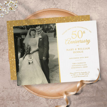 50th anniversary heart confetti wedding photo gold foil invitation