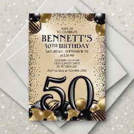 Small 50th Balloons Black Gold Birthday Invitation Front View