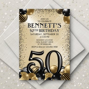 50th balloons black gold birthday invitation