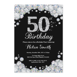 Small 50th Birthday Invitation Chalkboard Silver Diamond Front View