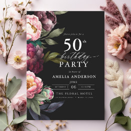 Small 50th Birthday Modern Moody Burgundy Blush Floral Invitation Front View