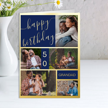 50th birthday or any age 5 photo blue and gold foil greeting invitations