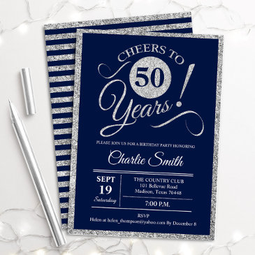 50th birthday party - any age navy silver invitation