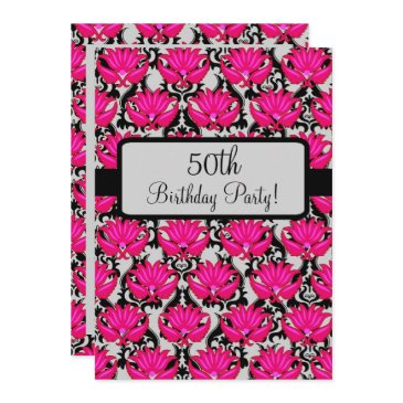 50th birthday party fuchsia pink black damask invitation