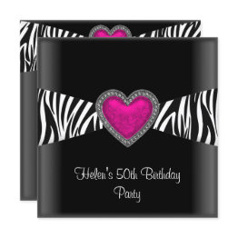 Small 50th Birthday Party Pink Zebra Heart Black White Invitation Front View
