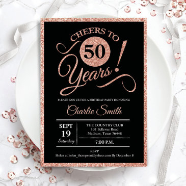 50th birthday party - rose gold black any age invitation