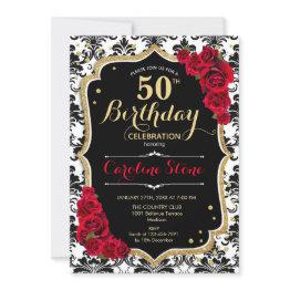 Small 50th Birthday - Red Roses Gold Black Damask Invitation Front View