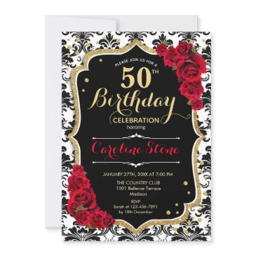 50th birthday - red roses gold black damask invitation