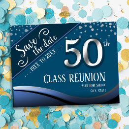 Small 50th Class Reunion Elegant Blue Announcement Postc Front View