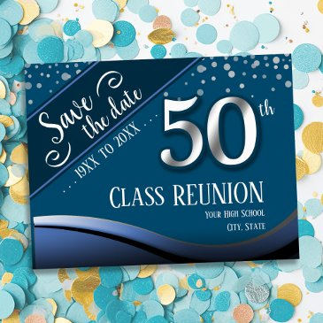 50th class reunion elegant blue announcement postc