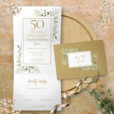 50th golden anniversary wedding greenery floral tri-fold invitation