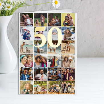 50th or any age birthday 24 photo collage gold foil greeting invitations