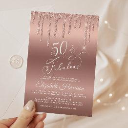 Small 50th Rose Gold Glitter Virtual Birthday Party Invitation Front View
