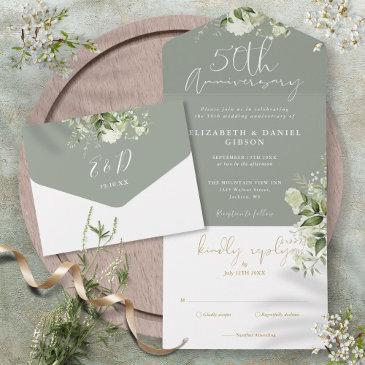 50th wedding anniversary sage green floral all in one invitation