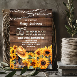 Small 55th Birthday Party Rustic Wood Sunflower Invitation Front View