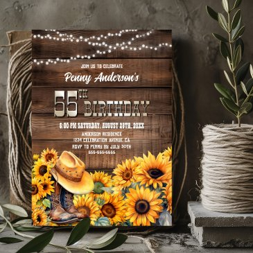 55th birthday party rustic wood sunflower invitation