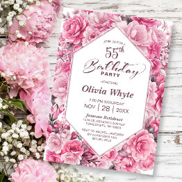 Small 55th Birthday Pink Rose Floral Party Invitation Front View