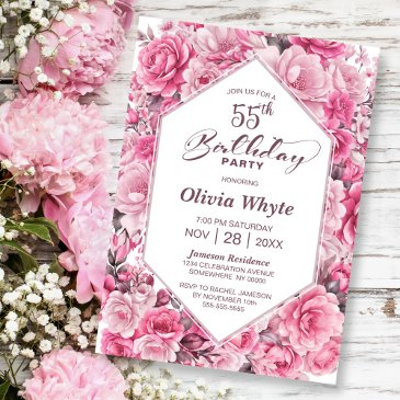 55th birthday pink rose floral party invitation