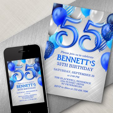 55th mens blue birthday invitation