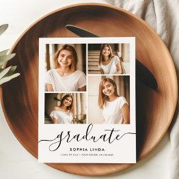 Small 5 Photo Graduation Collage Modern Elegant Script Announcement Front View