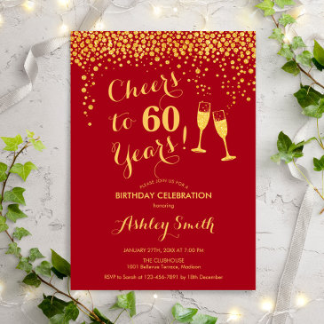 60th birthday - cheers to 60 years gold red invitation