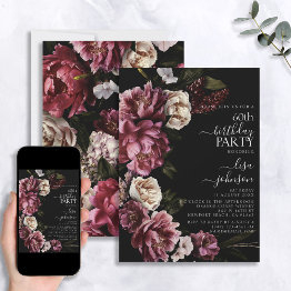 Small 60th Birthday Modern Moody Burgundy Blush Floral Invitation Front View