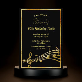 Small 60th Birthday Party Black And Gold Music Notes Invitation Front View