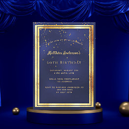 Small 60th Birthday Party Blue Gold Confetti Sprinkle Invitation Front View