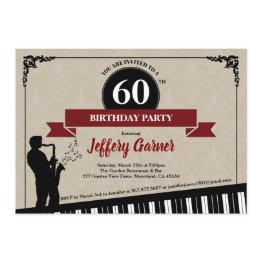 Small 60th Birthday Party Invitation Jazz Music Theme Front View