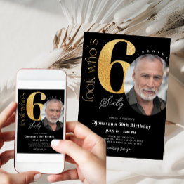 Small 60th Black Gold Birthday Invitation With Photo Front View
