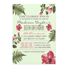 Small 60th Party Exotic Hibiscus & Tropical Palm Leaves Invitation Front View