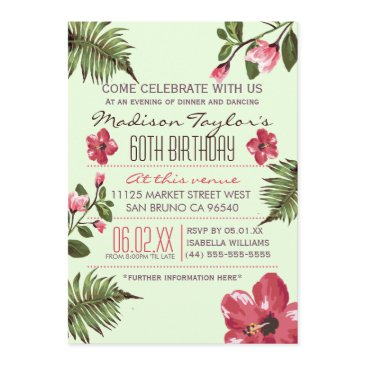 60th party exotic hibiscus & tropical palm leaves invitation