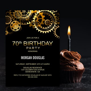 70th birthday black gold steampunk watch gears invitation
