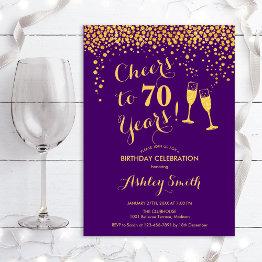 Small 70th Birthday - Cheers To 70 Years Gold Purple Invitation Front View